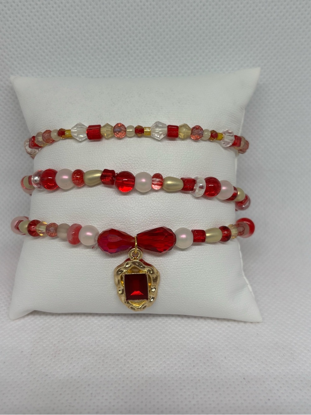 Red and gold premium glass Beaded Stretch Bracelet Set with Gold Charm